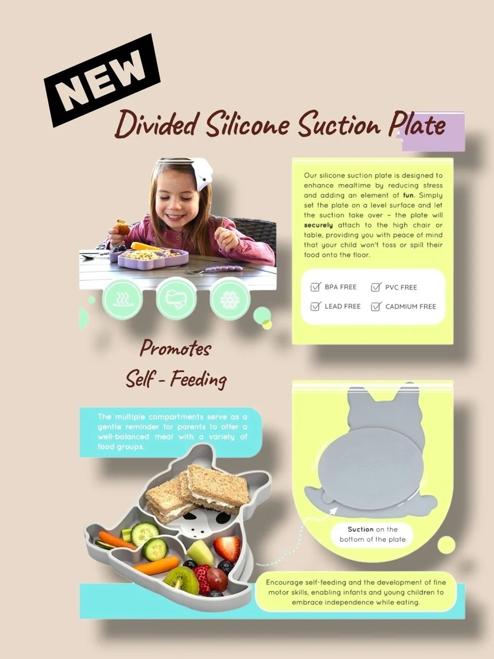 New Gray Divided Silicone Suction Dog Plate by Melii
